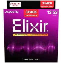 Струни для акустичної гітари Elixir 3 Pack 16545 Nanoweb Phosphor Bronze Light 12/53