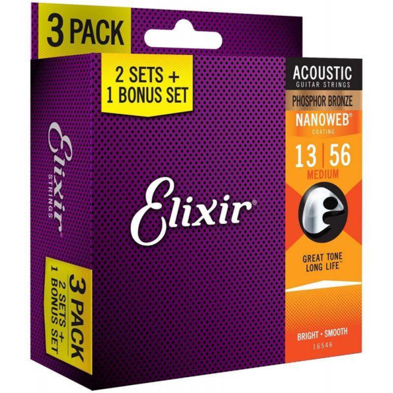 Струны для акустической гитары Elixir 3 Pack 16546 Nanoweb Phosphor Bronze Medium 13/56
