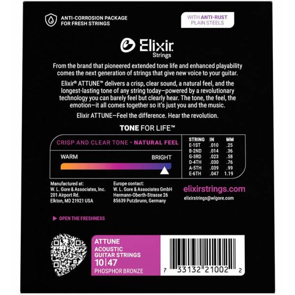 Струны для акустической гитары Elixir 21002 Attune Phosphor Bronze Acoustic Extra Light 10/47