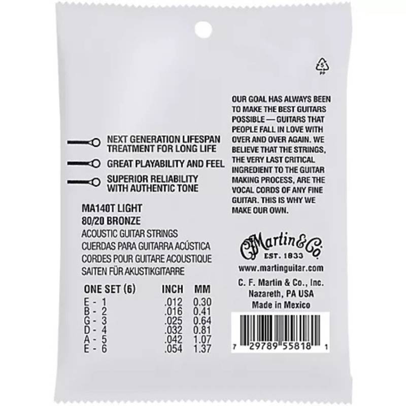 Струны для акустической гитары Martin MA140T Lifespan Treated 80/20 Bronze Light 12/54