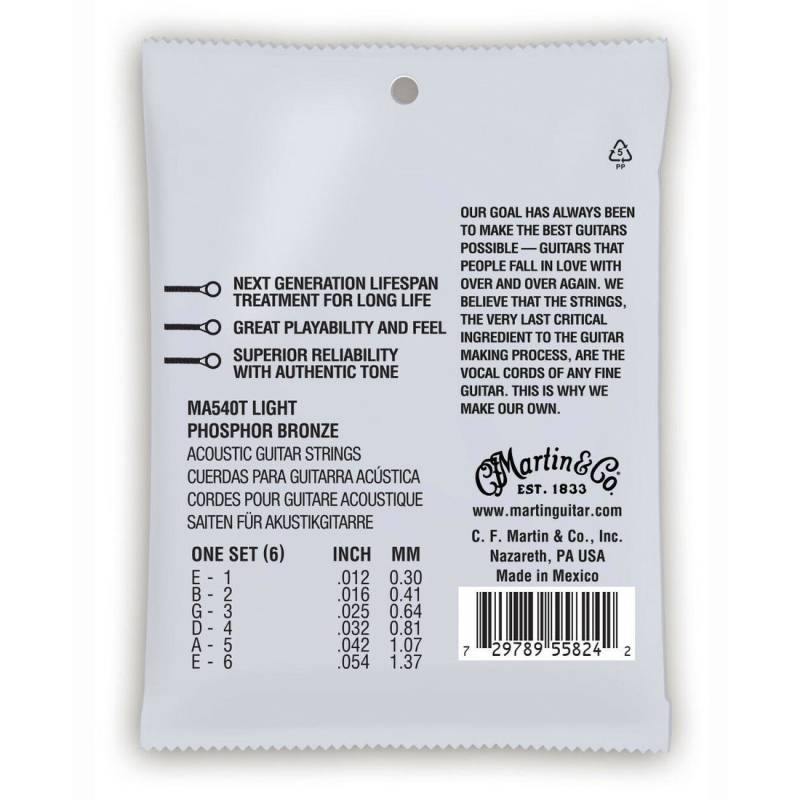 Струны для акустической гитары Martin MA540T 92/8 Lifespan Treated Phosphor Bronze Light Authentic 12/54